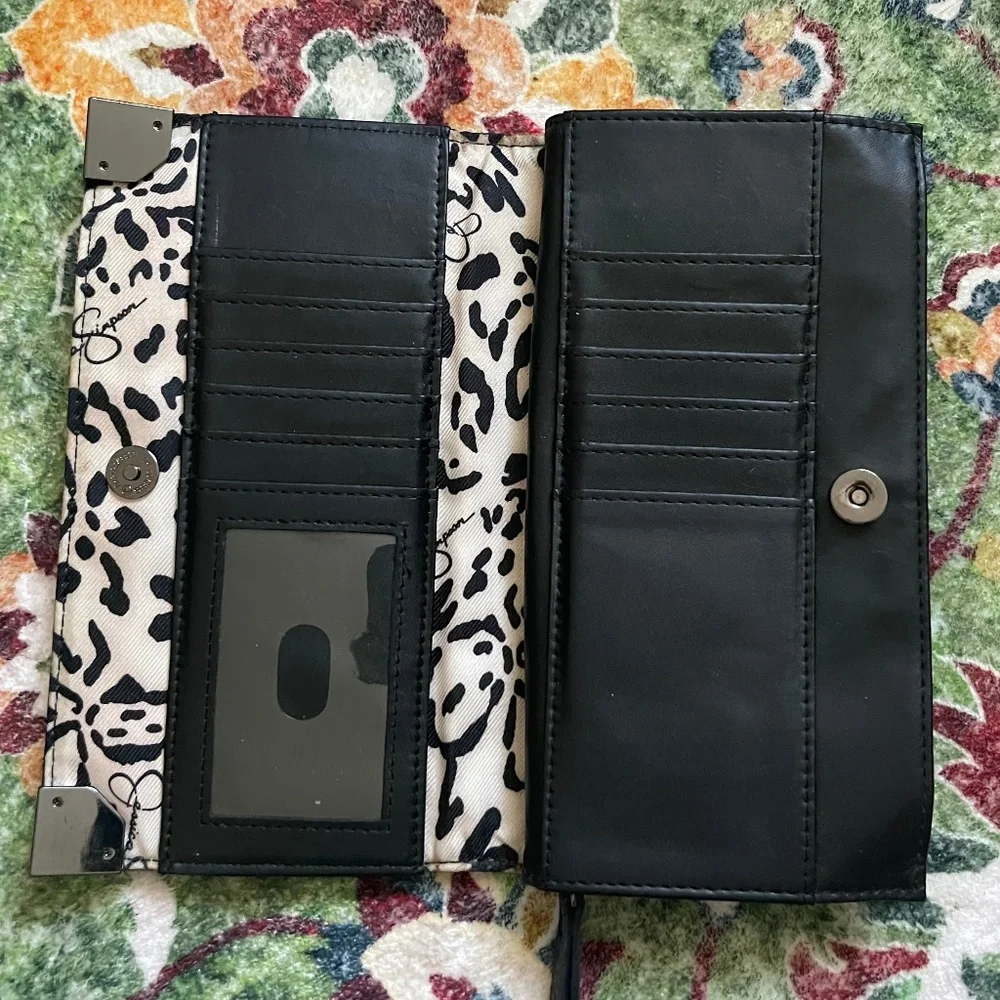 Jessica Simpson Black Faux Leather Zip-Around Wallet w/ Leopard Print Interior - Picture 4 of 10